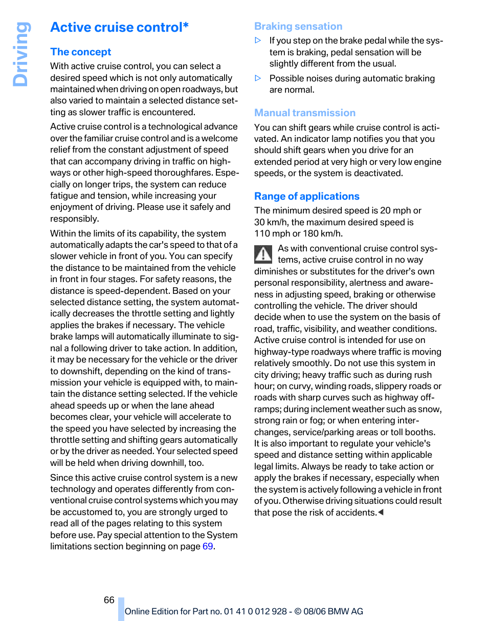 Active cruise control, Driving | BMW 2007 bmw 328i User Manual | Page 68 / 268