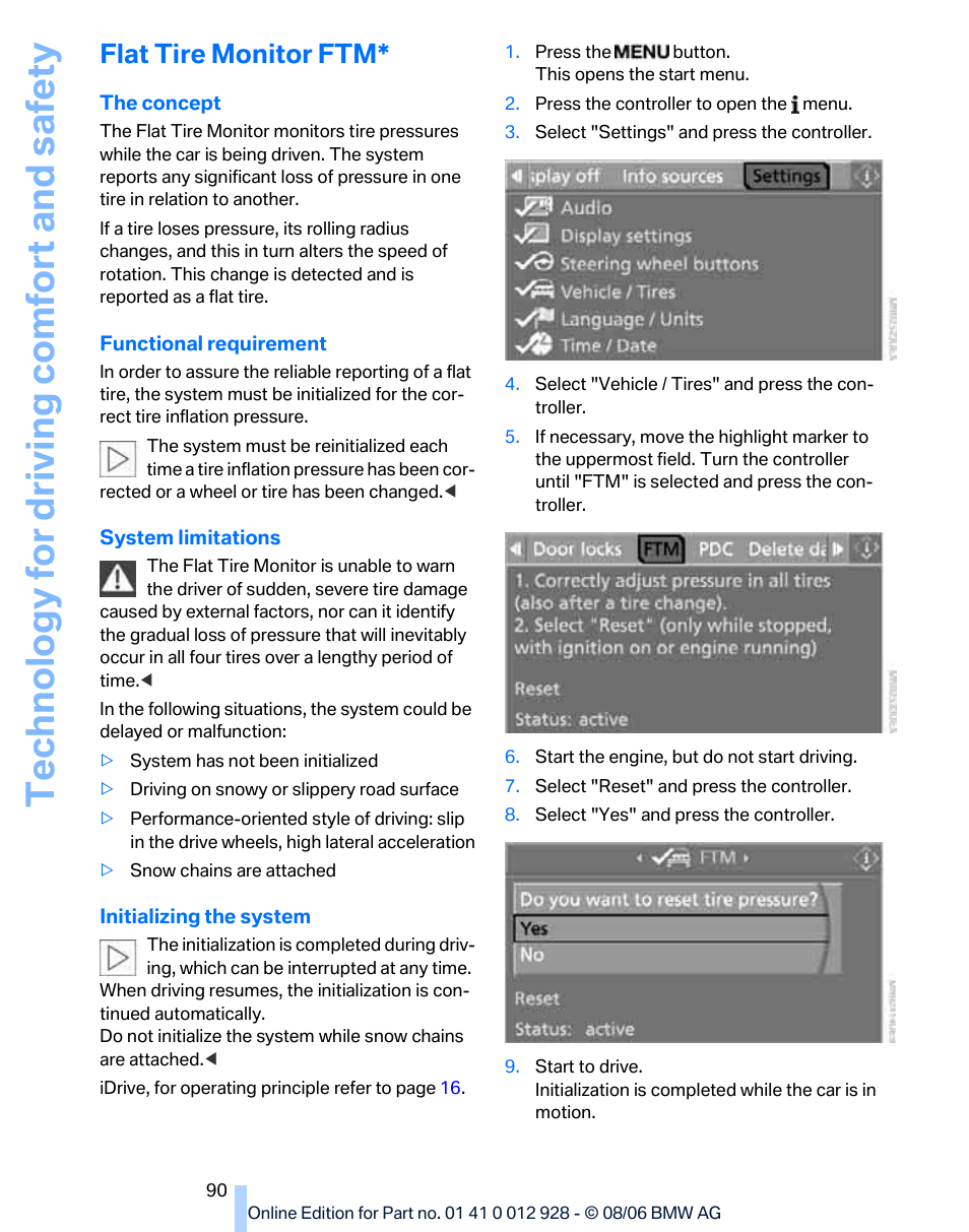 Flat tire monitor ftm, Te chnology for driving comfort and safe ty | BMW 2007 bmw 328i User Manual | Page 92 / 268