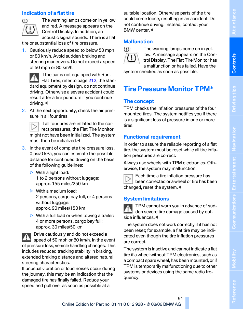 Tire pressure monitor tpm | BMW 2007 bmw 328i User Manual | Page 93 / 268