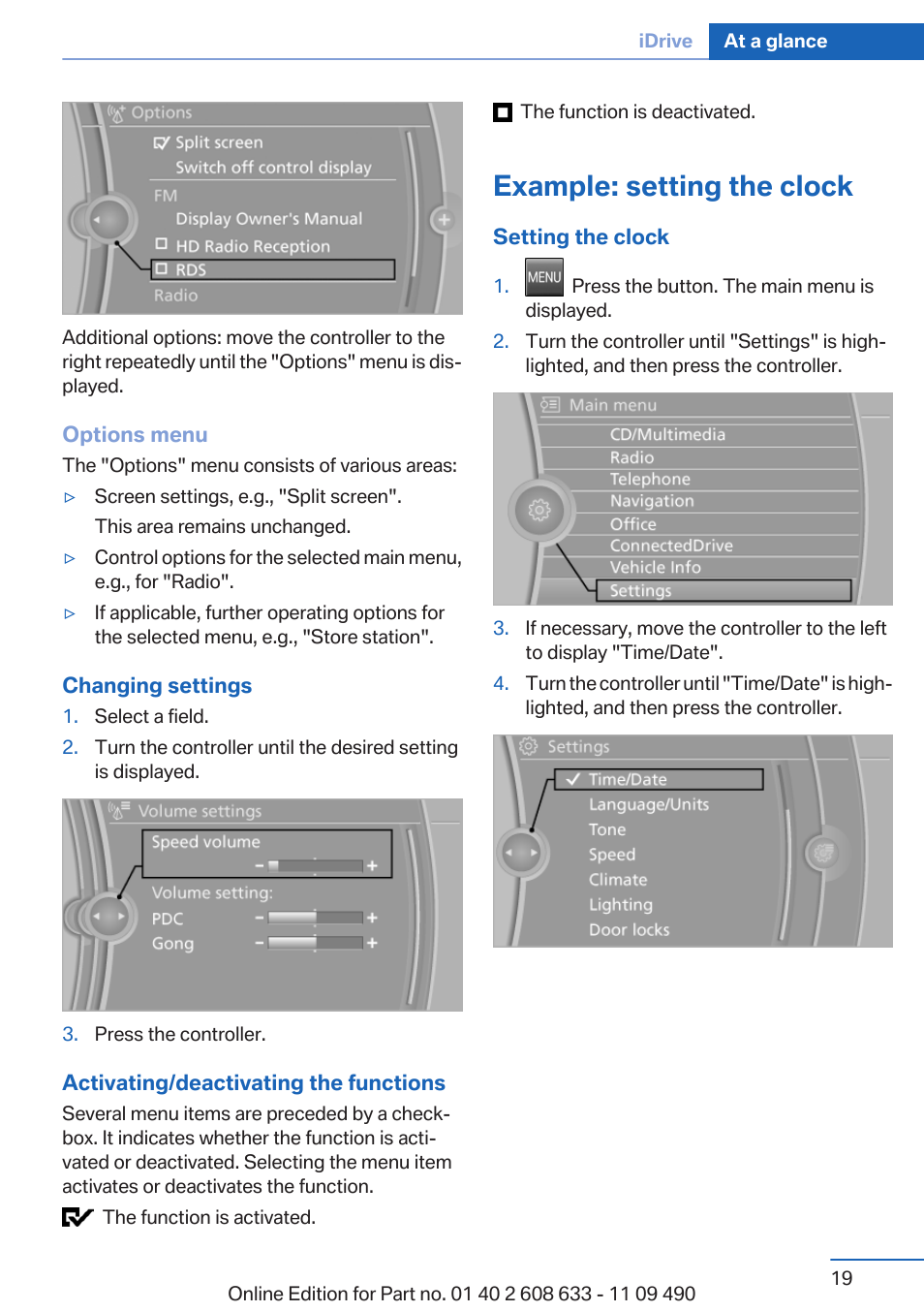 Example: setting the clock | BMW 2007 bmw 328i User Manual | Page 19 / 325