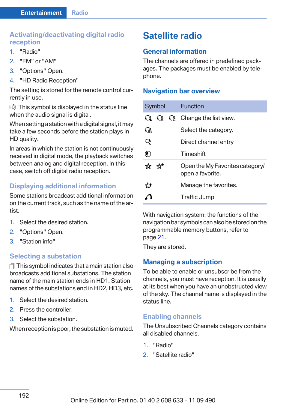 Satellite radio | BMW 2007 bmw 328i User Manual | Page 192 / 325