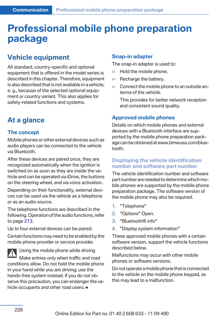 Professional mobile phone preparation package, Vehicle equipment, At a glance | Ration package | BMW 2007 bmw 328i User Manual | Page 228 / 325