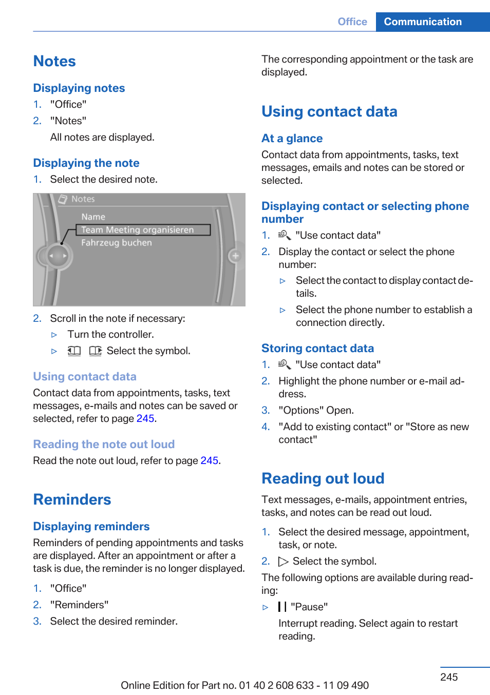 Notes, Reminders, Using contact data | Reading out loud | BMW 2007 bmw 328i User Manual | Page 245 / 325