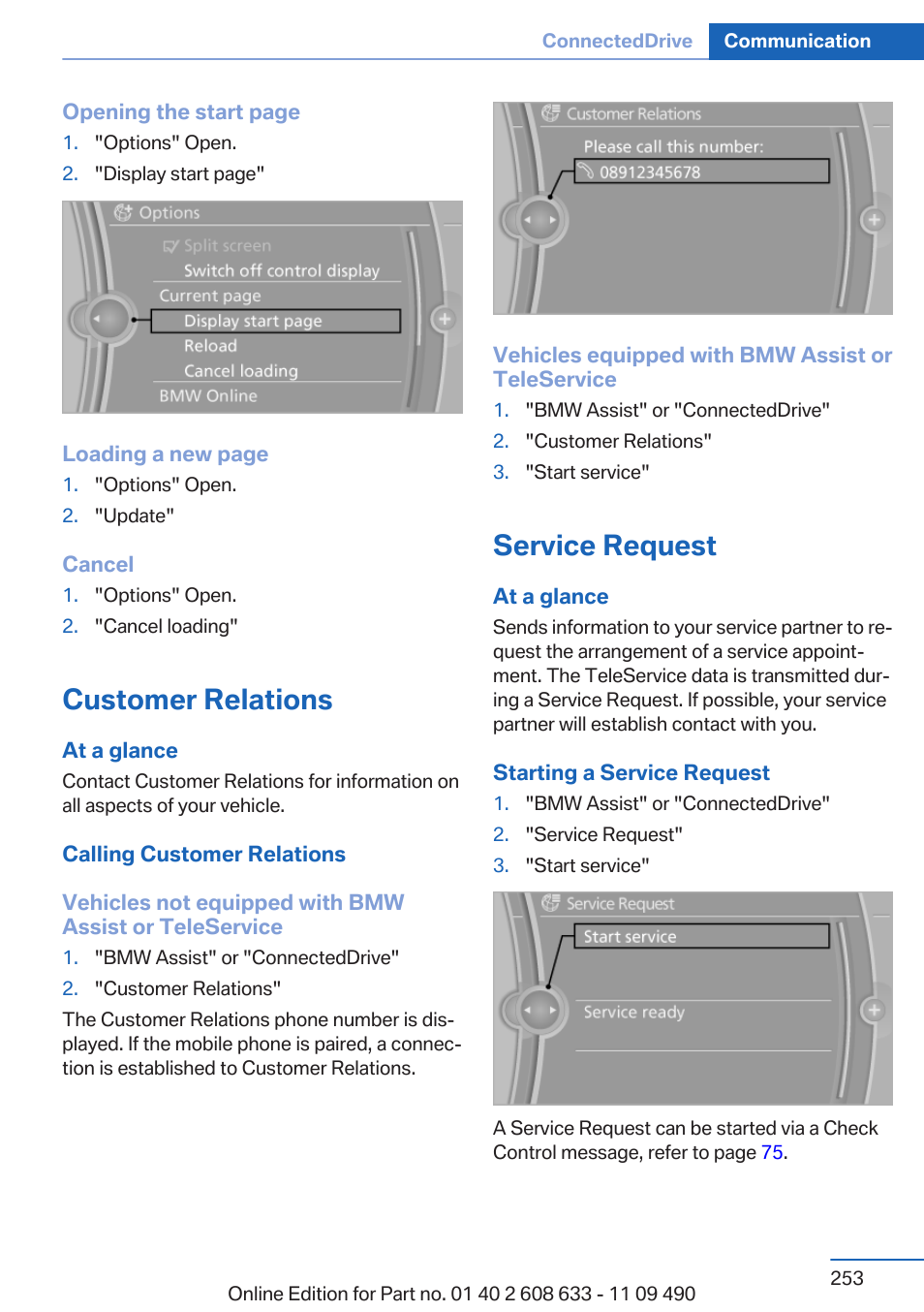 Customer relations, Service request | BMW 2007 bmw 328i User Manual | Page 253 / 325