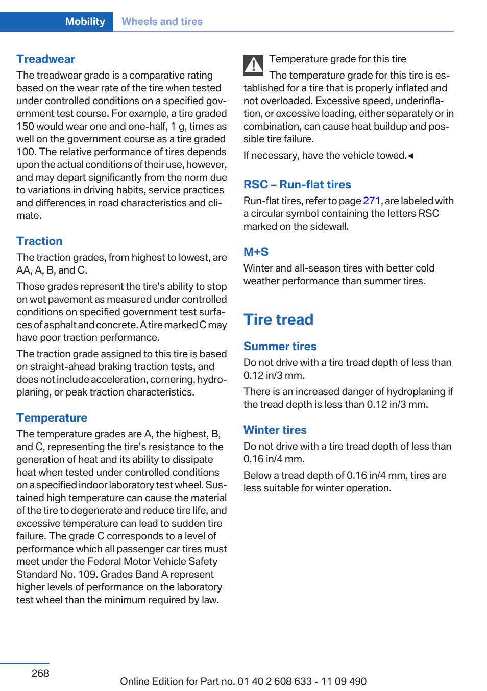 Tire tread | BMW 2007 bmw 328i User Manual | Page 268 / 325