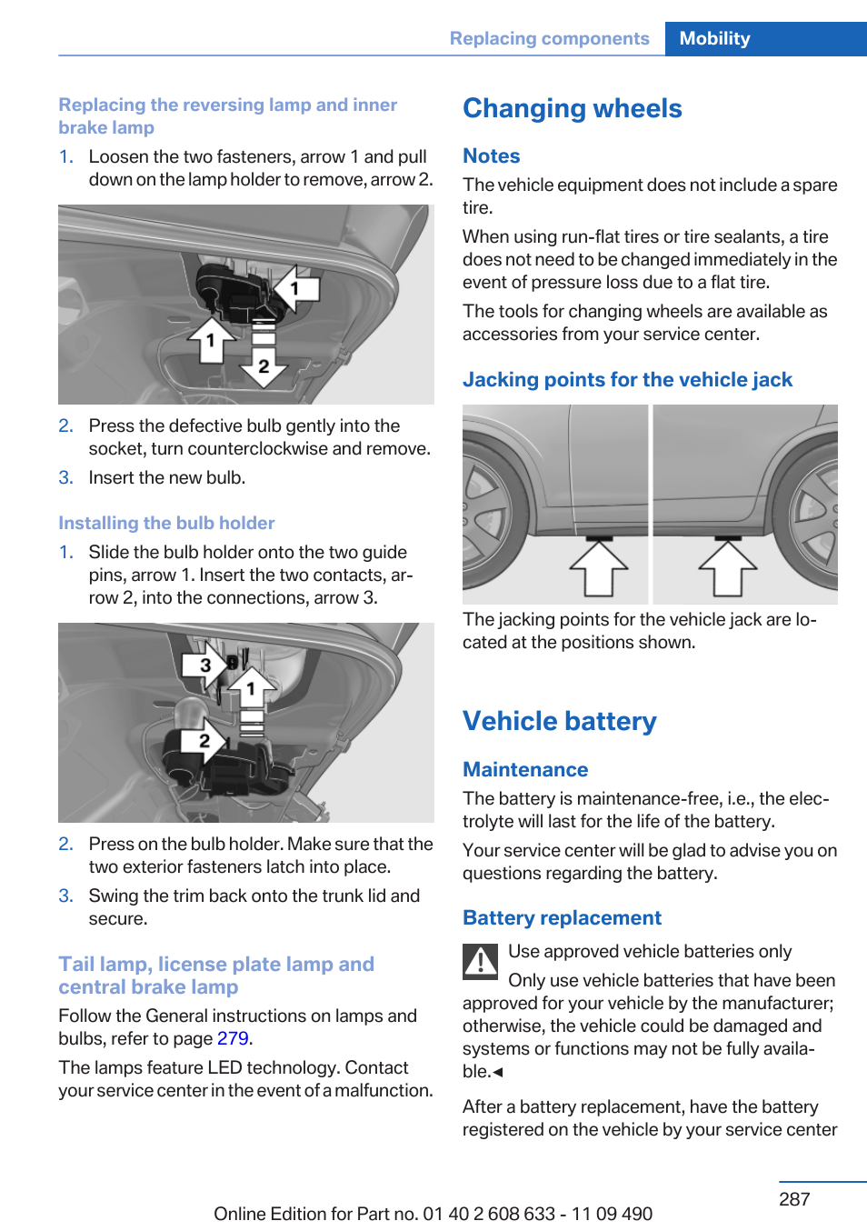 Changing wheels, Vehicle battery | BMW 2007 bmw 328i User Manual | Page 287 / 325