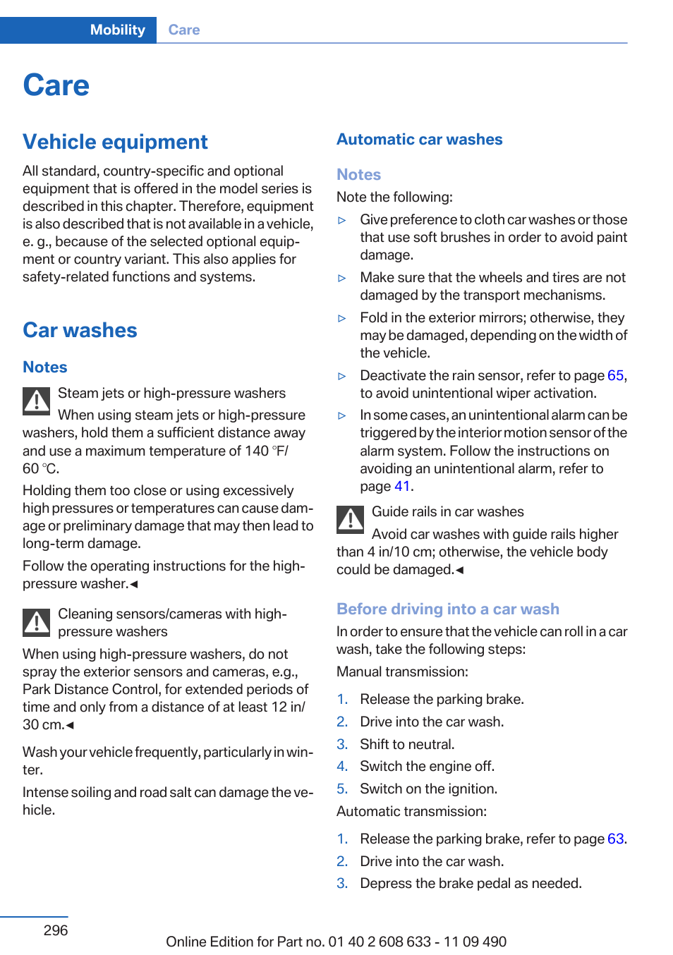 Care, Vehicle equipment, Car washes | BMW 2007 bmw 328i User Manual | Page 296 / 325