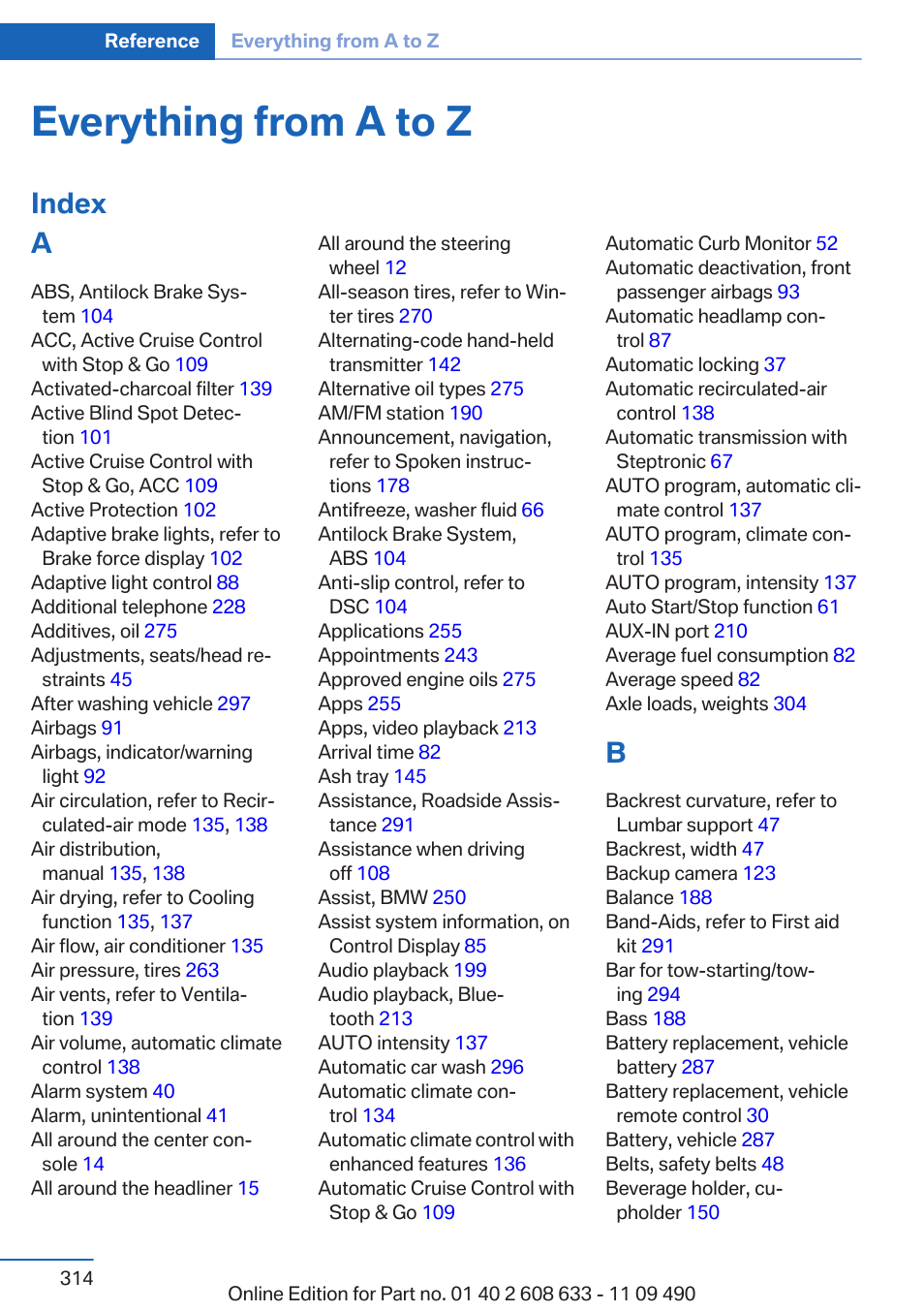 Everything from a to z, Index a | BMW 2007 bmw 328i User Manual | Page 314 / 325