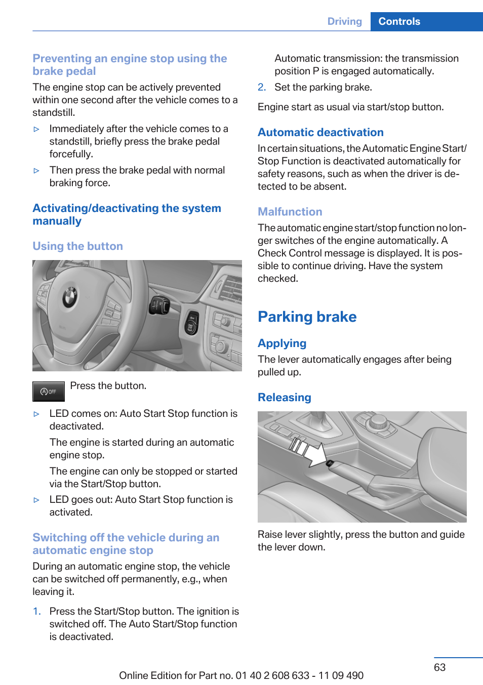 Parking brake | BMW 2007 bmw 328i User Manual | Page 63 / 325