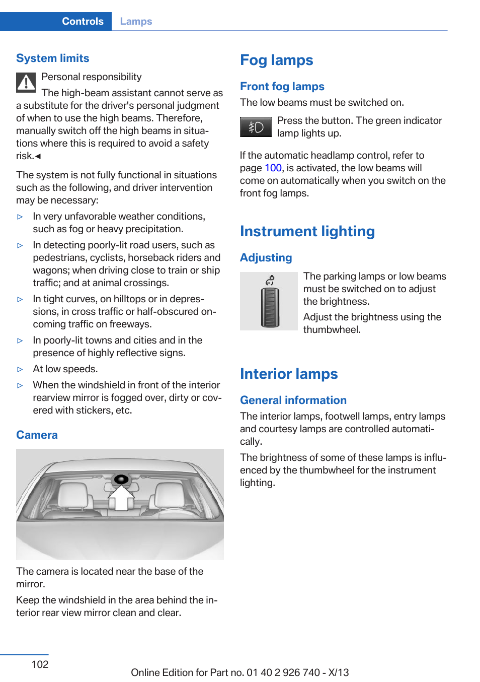 Fog lamps, Instrument lighting, Interior lamps | BMW X5 User Manual | Page 102 / 265