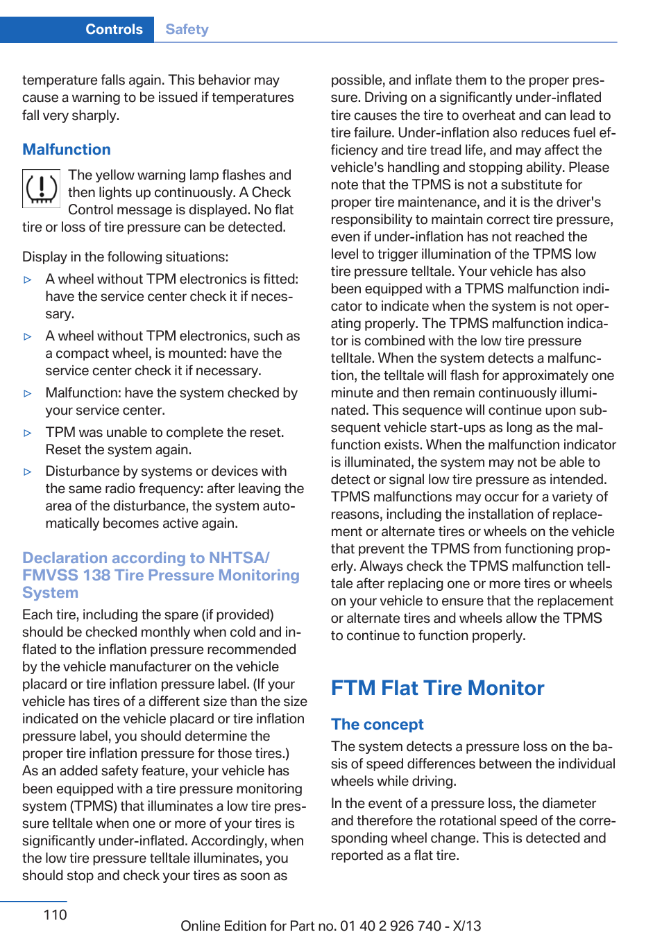 Ftm flat tire monitor | BMW X5 User Manual | Page 110 / 265