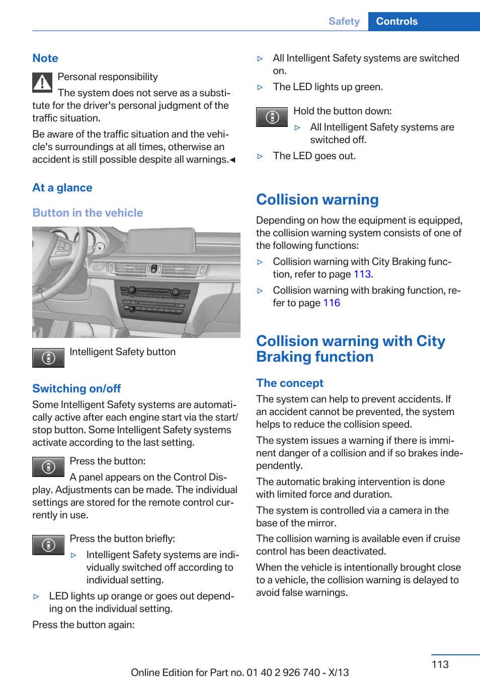 Collision warning, Collision warning with city braking function | BMW X5 User Manual | Page 113 / 265