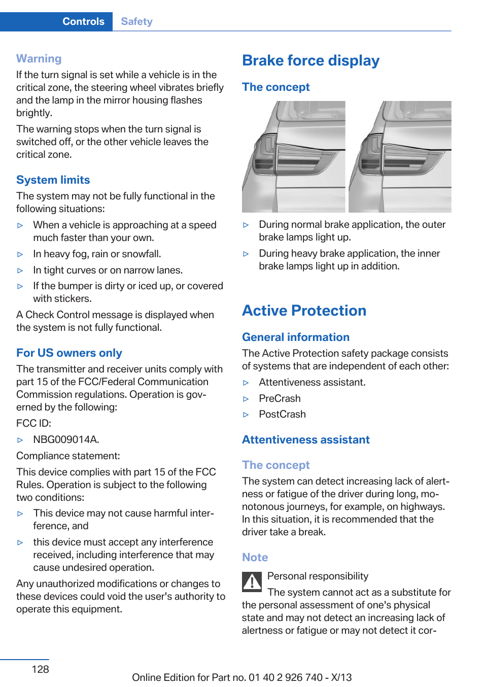 Brake force display, Active protection | BMW X5 User Manual | Page 128 / 265