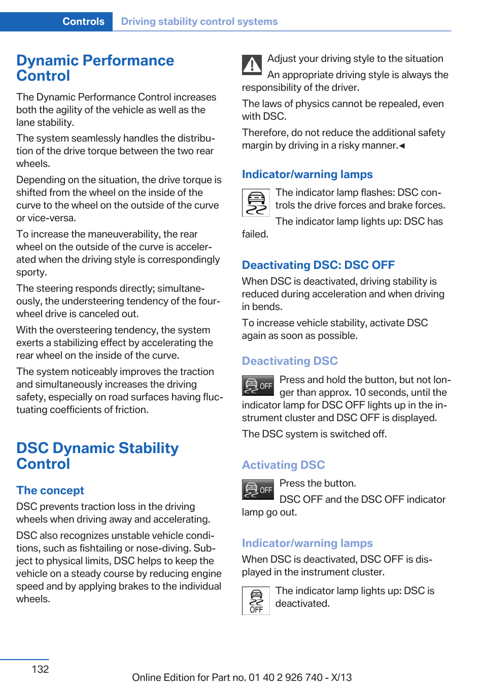 Dynamic performance control, Dsc dynamic stability control | BMW X5 User Manual | Page 132 / 265