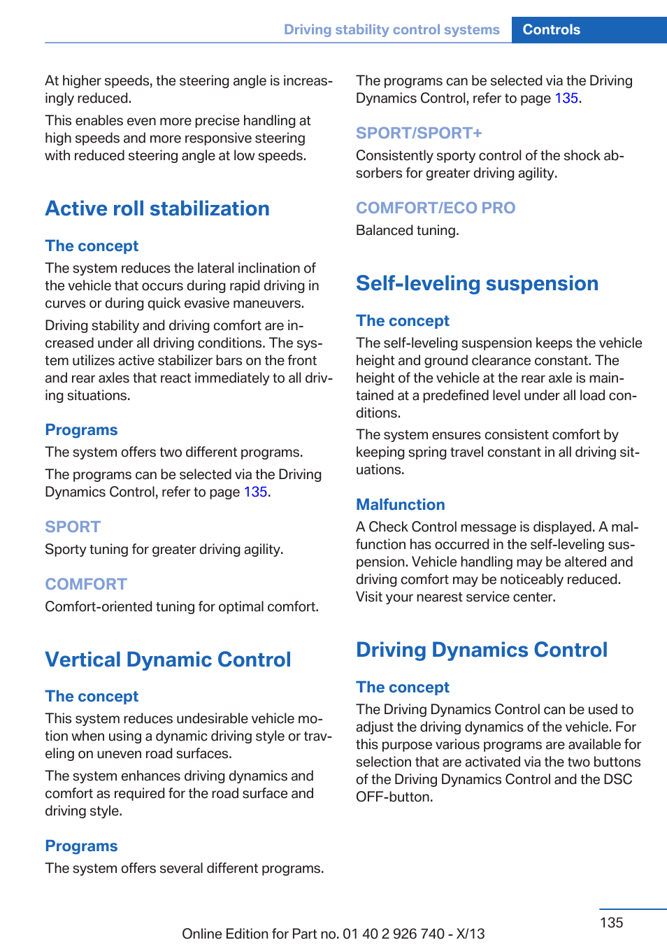 Active roll stabilization, Vertical dynamic control, Self-leveling suspension | Driving dynamics control, Trol | BMW X5 User Manual | Page 135 / 265