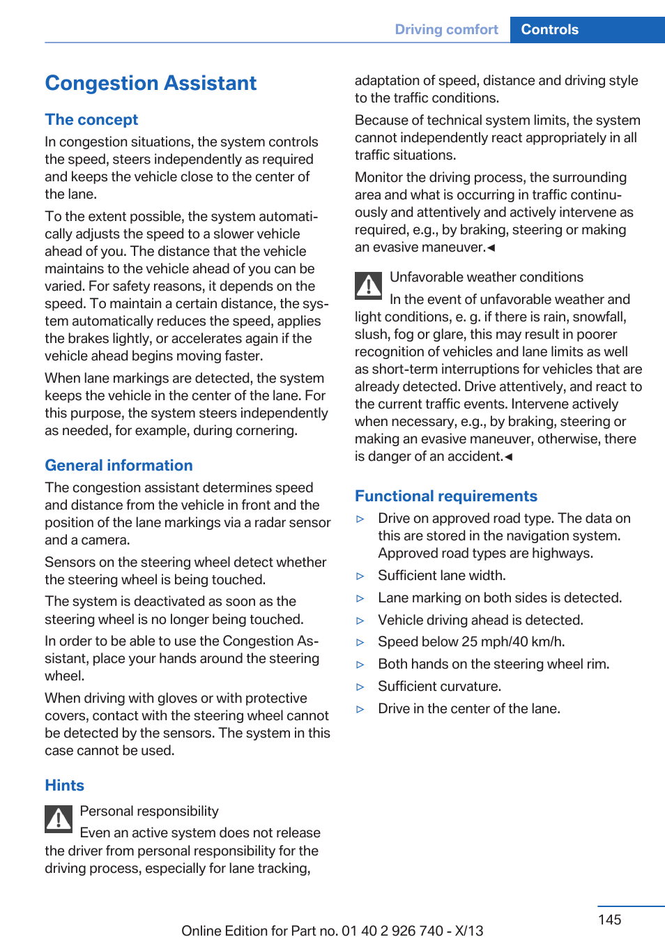 Congestion assistant, Pause | BMW X5 User Manual | Page 145 / 265