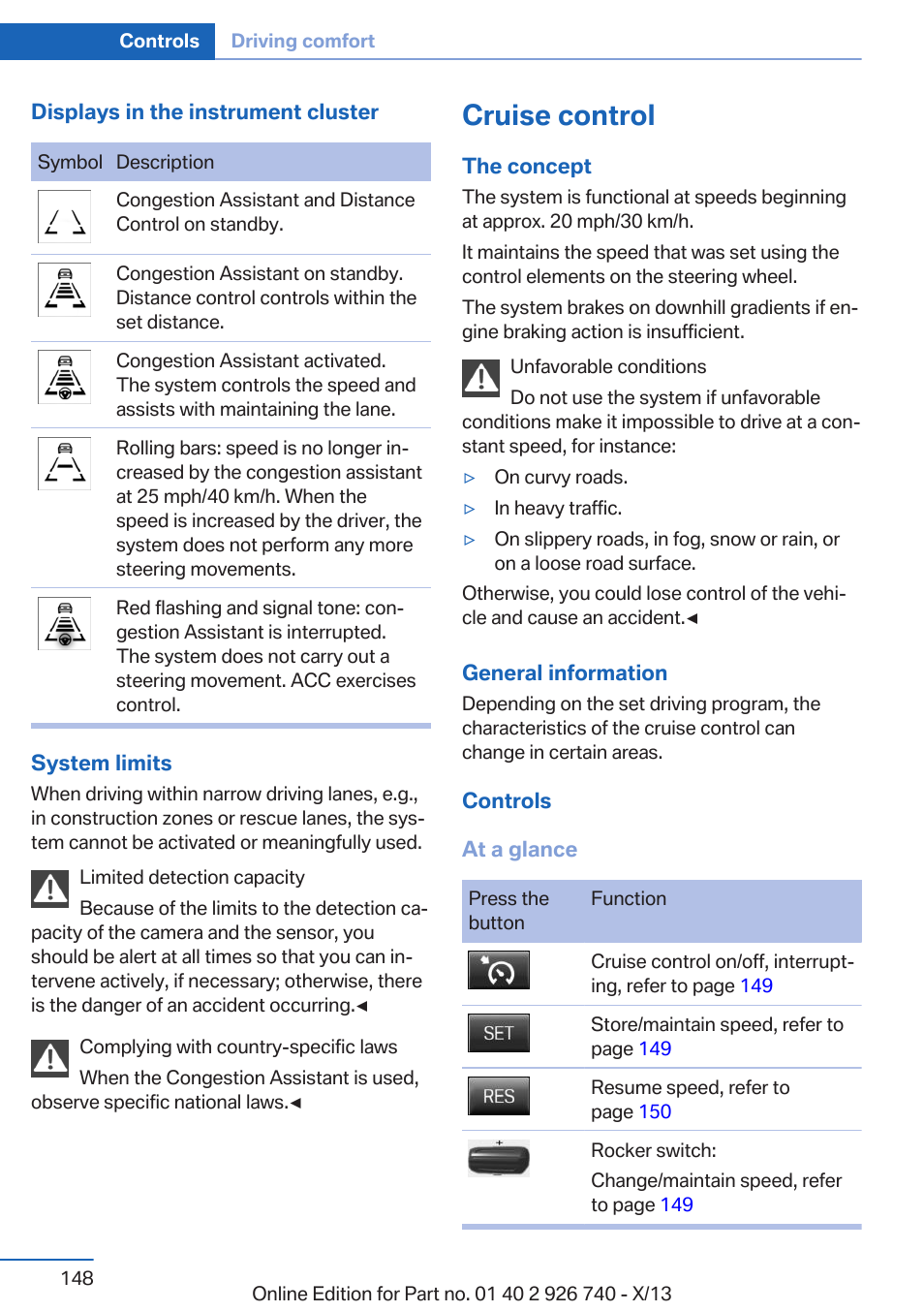 Cruise control | BMW X5 User Manual | Page 148 / 265