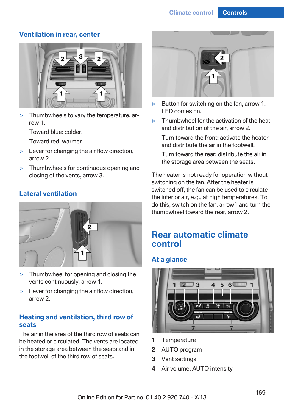 Rear automatic climate control | BMW X5 User Manual | Page 169 / 265