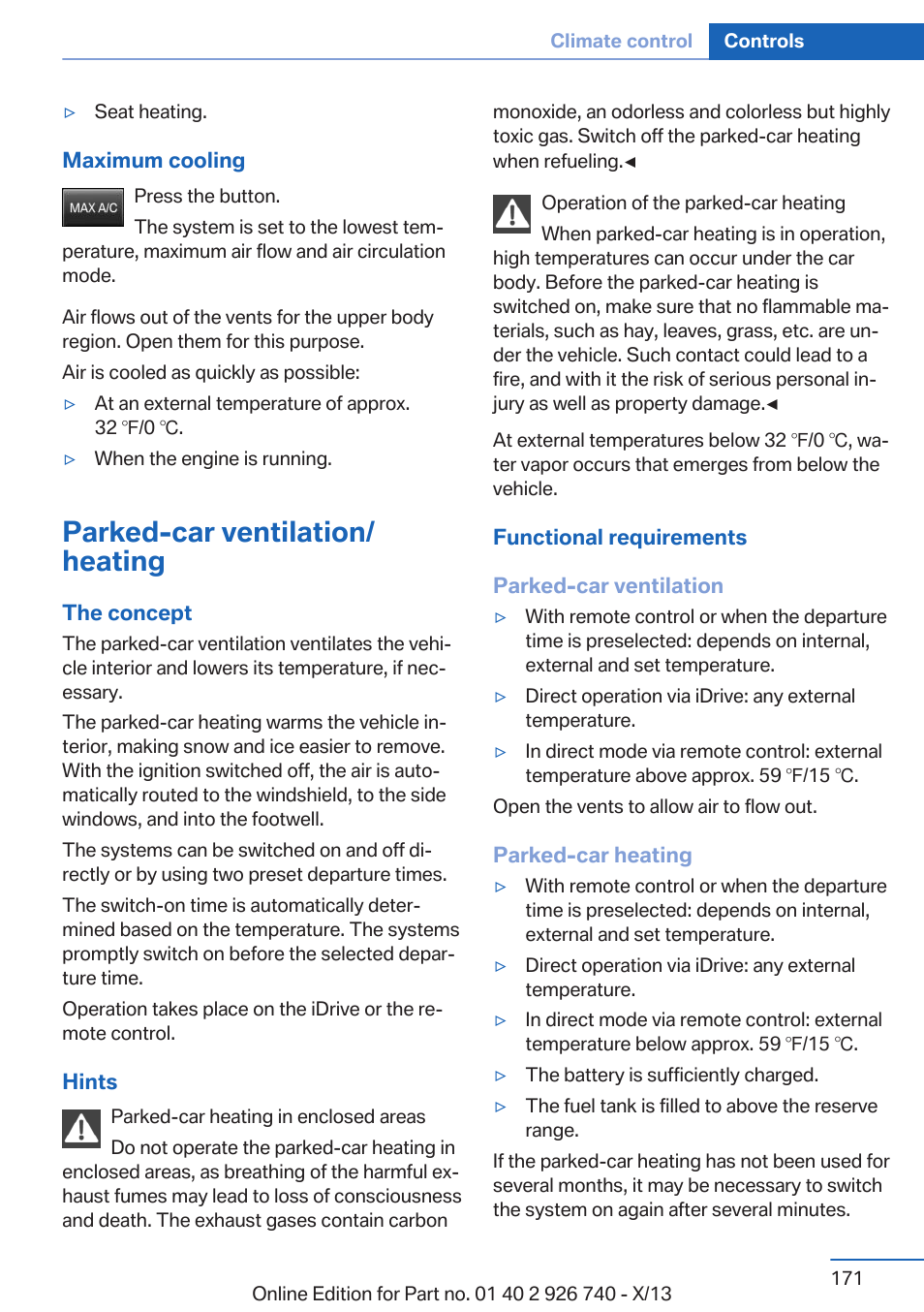 Parked-car ventilation/heating, Parked-car ventilation/ heating | BMW X5 User Manual | Page 171 / 265
