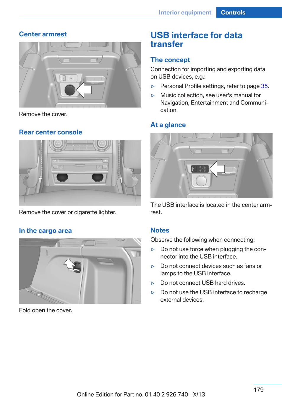 Usb interface for data transfer | BMW X5 User Manual | Page 179 / 265