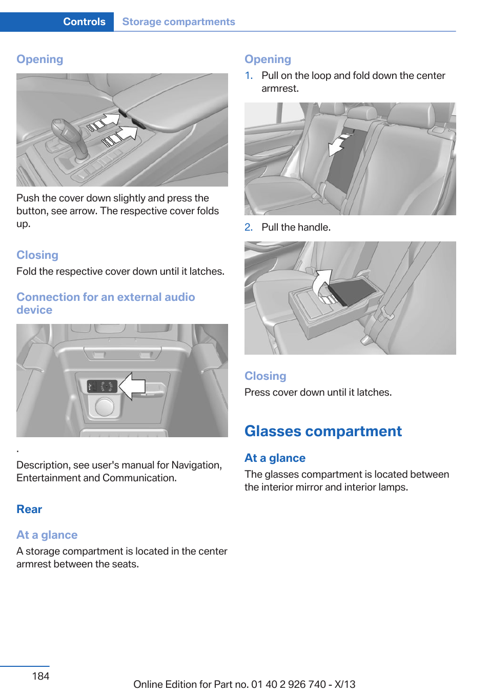 Glasses compartment | BMW X5 User Manual | Page 184 / 265