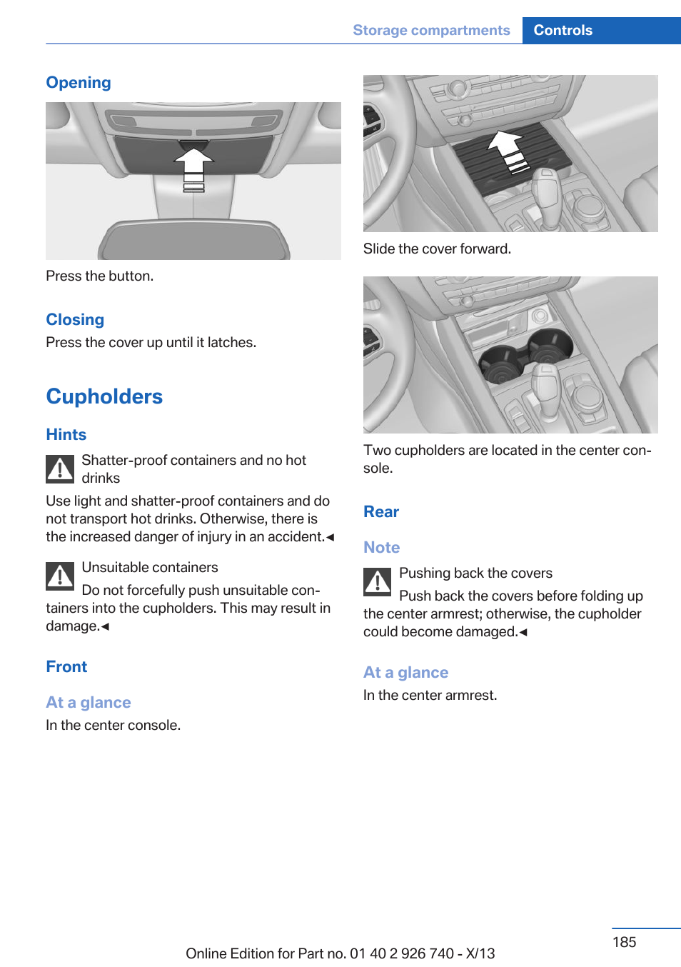 Cupholders | BMW X5 User Manual | Page 185 / 265