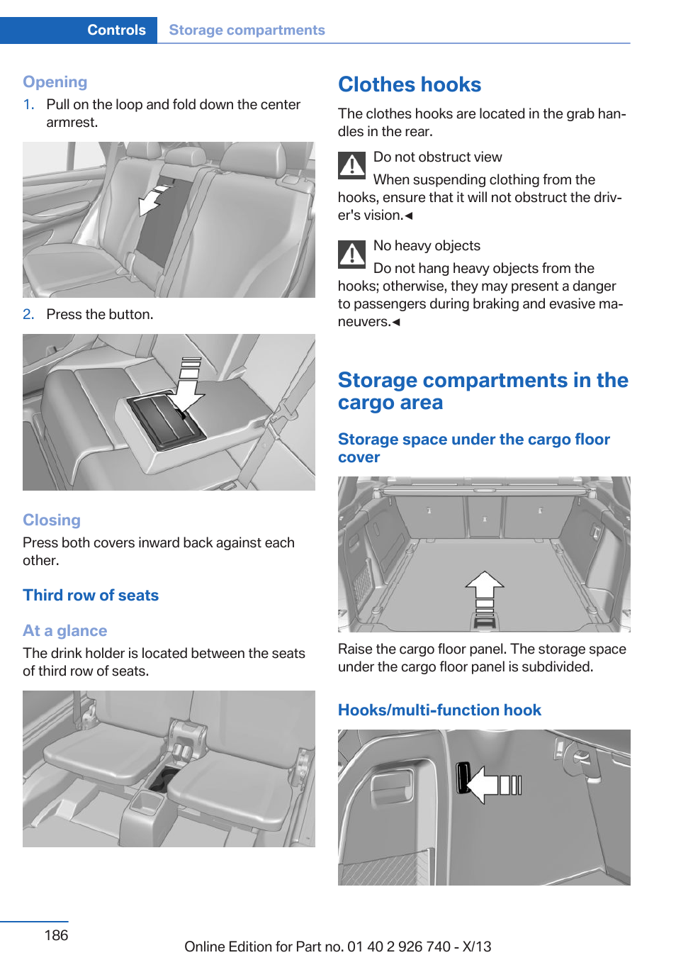 Clothes hooks, Storage compartments in the cargo area | BMW X5 User Manual | Page 186 / 265