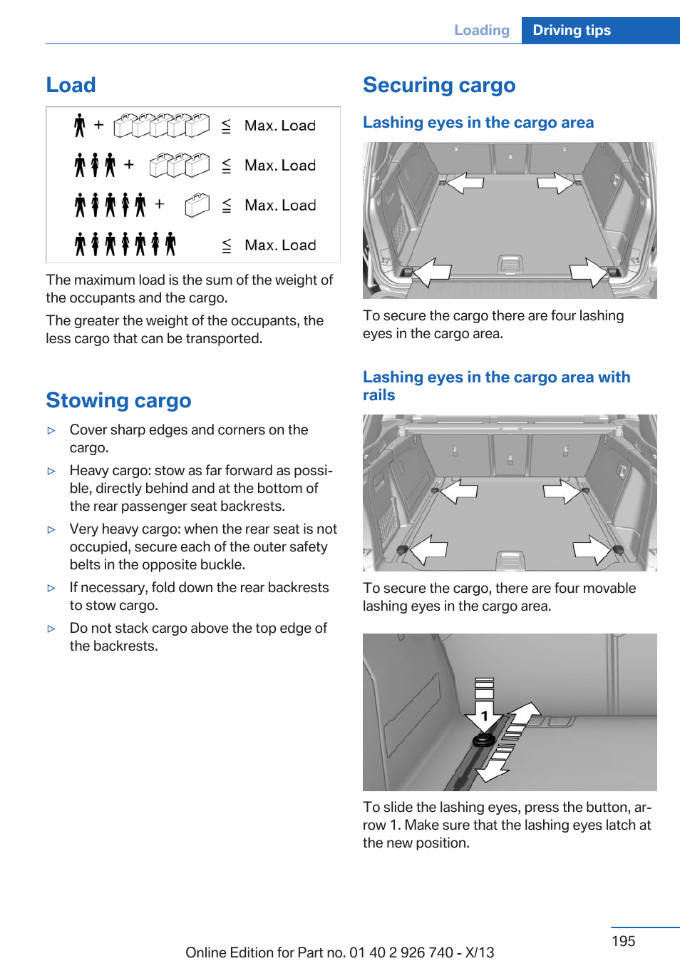 Load, Stowing cargo, Securing cargo | BMW X5 User Manual | Page 195 / 265