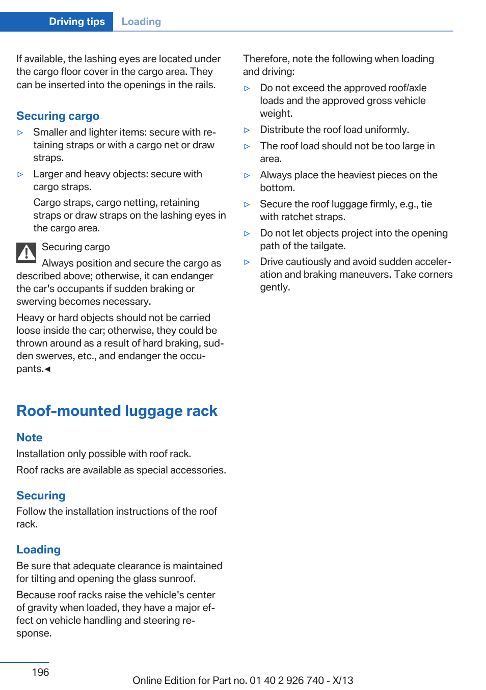 Roof-mounted luggage rack | BMW X5 User Manual | Page 196 / 265