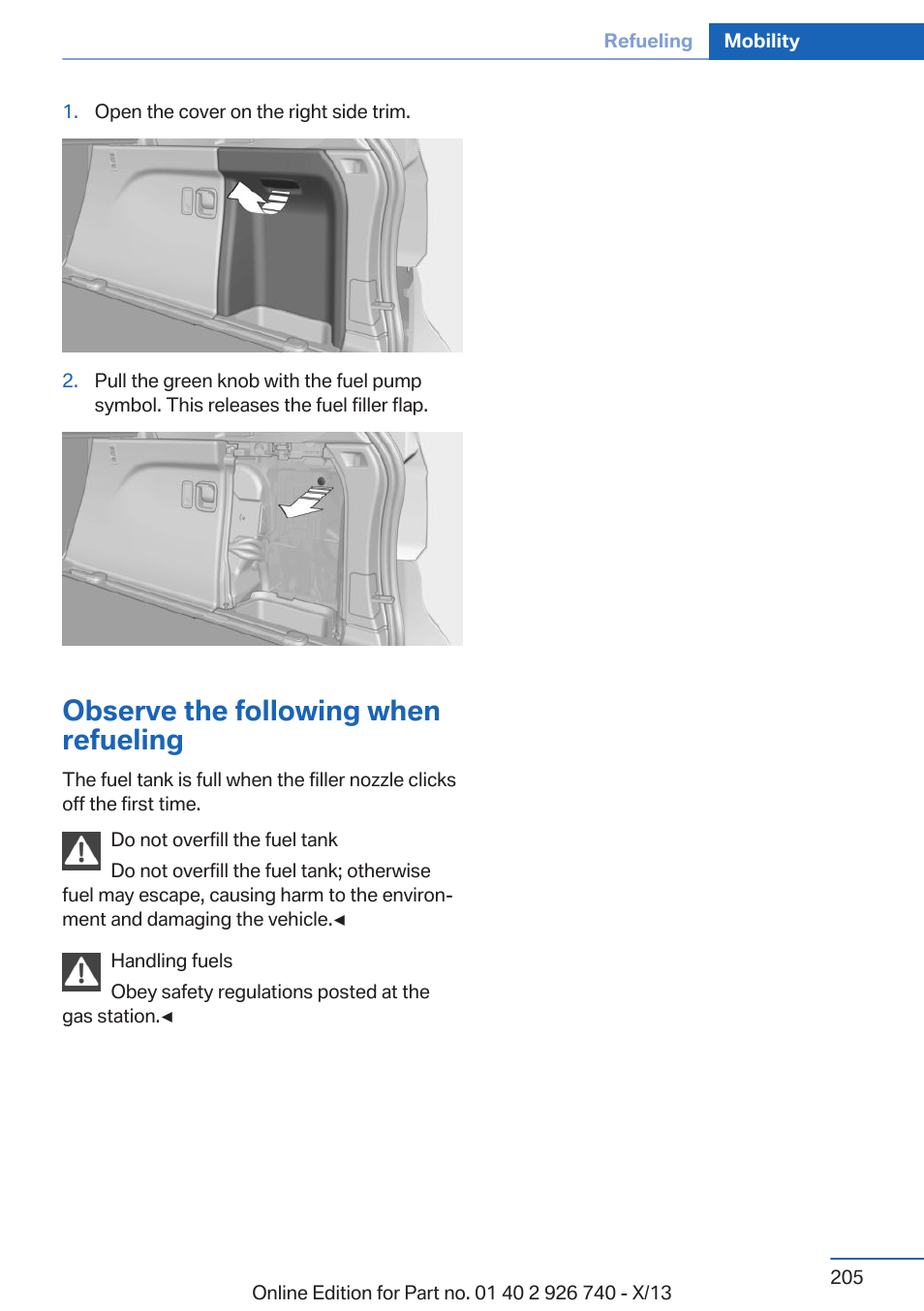 Observe the following when refueling | BMW X5 User Manual | Page 205 / 265