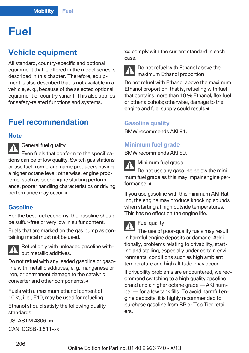 Fuel, Vehicle equipment, Fuel recommendation | BMW X5 User Manual | Page 206 / 265