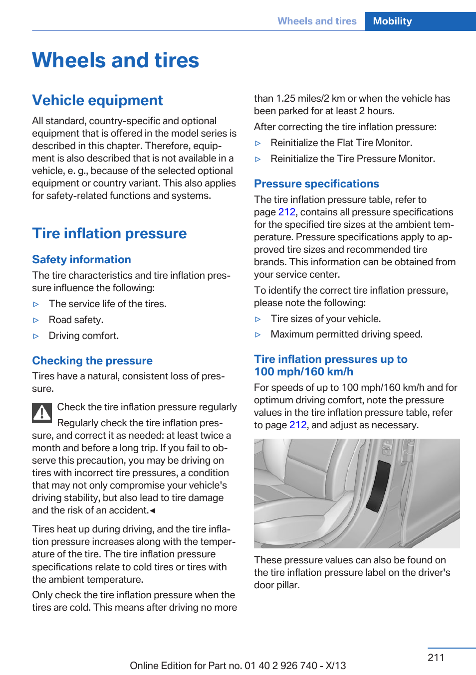 Wheels and tires, Vehicle equipment, Tire inflation pressure | BMW X5 User Manual | Page 211 / 265