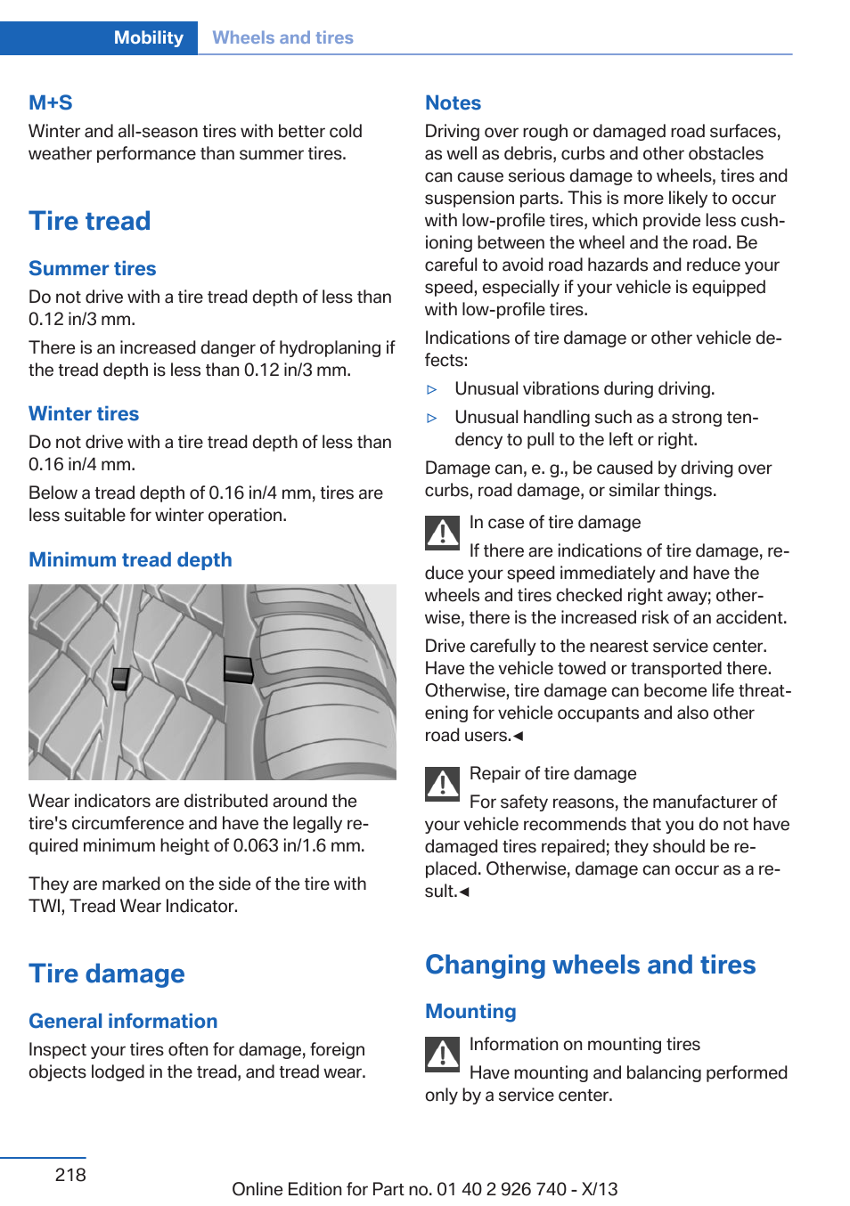 Tire tread, Tire damage, Changing wheels and tires | BMW X5 User Manual | Page 218 / 265