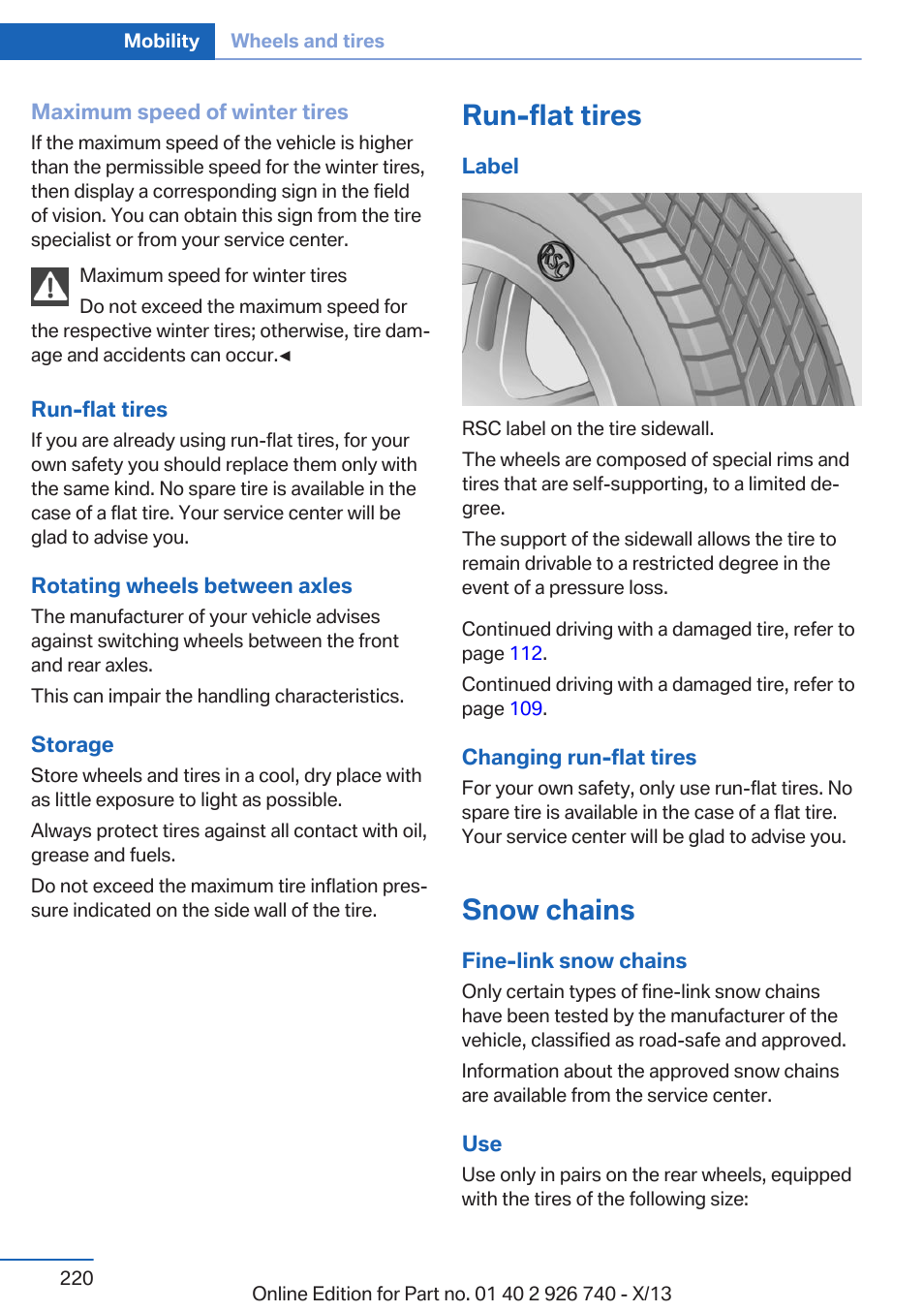 Run-flat tires, Snow chains | BMW X5 User Manual | Page 220 / 265