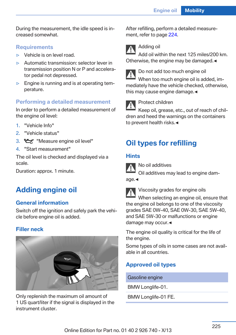 Adding engine oil, Oil types for refilling | BMW X5 User Manual | Page 225 / 265