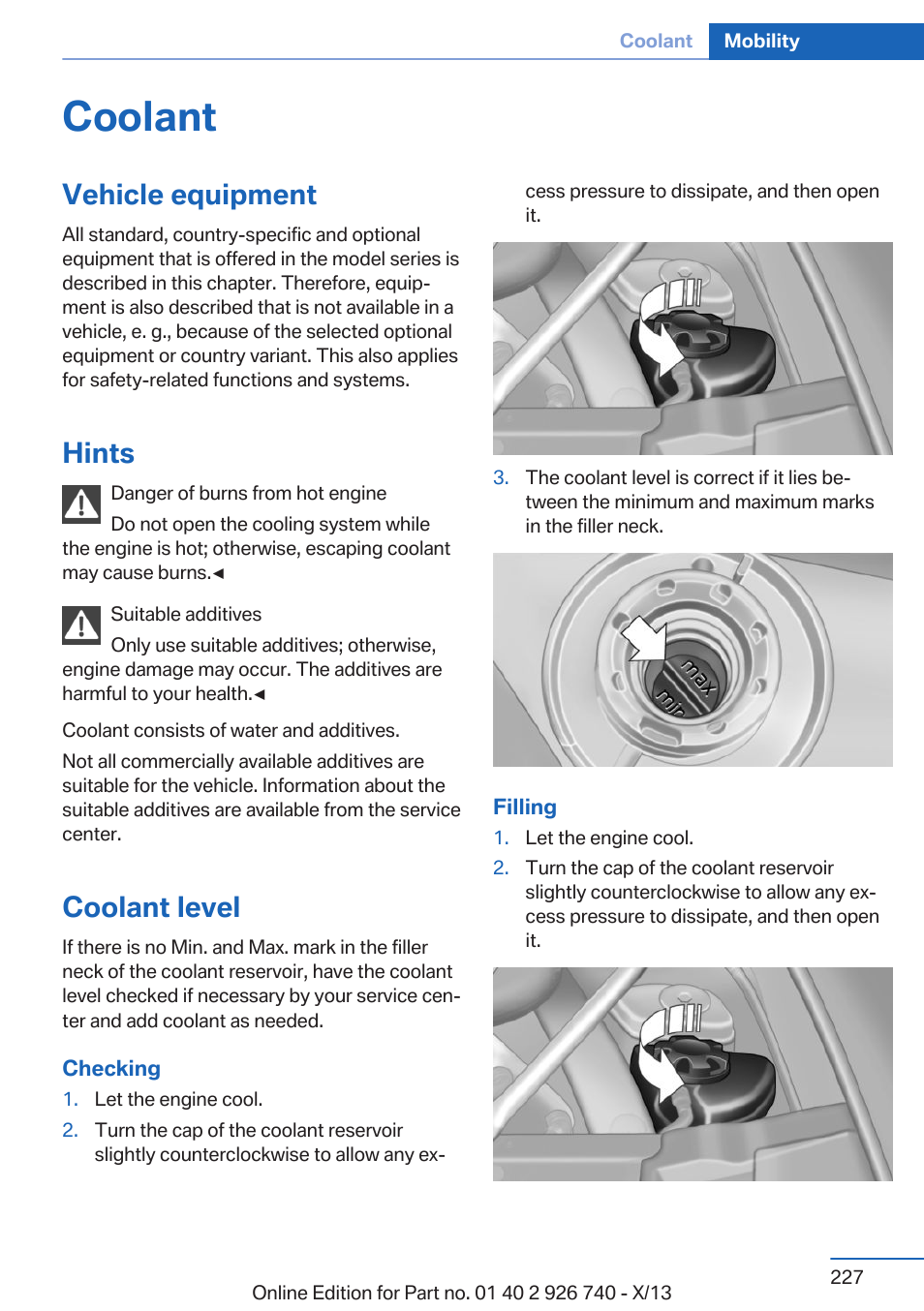 Coolant, Vehicle equipment, Hints | Coolant level | BMW X5 User Manual | Page 227 / 265