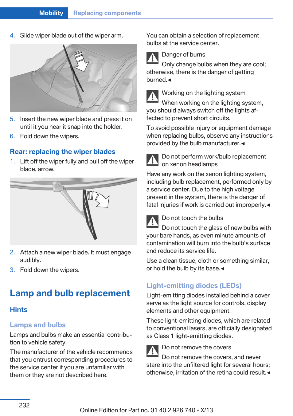 Lamp and bulb replacement | BMW X5 User Manual | Page 232 / 265