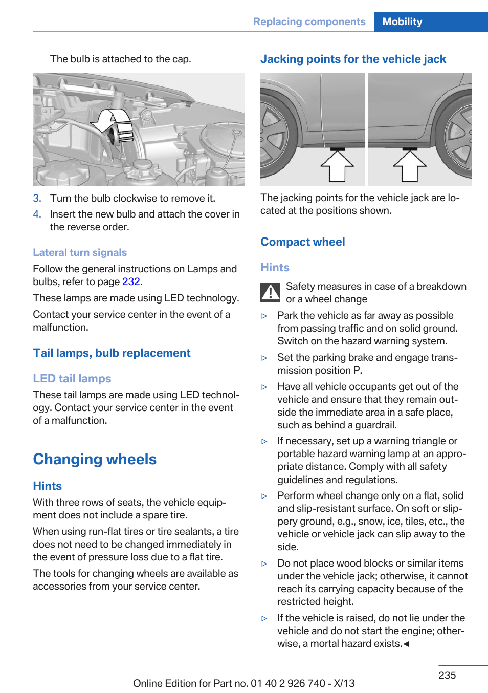 Changing wheels | BMW X5 User Manual | Page 235 / 265