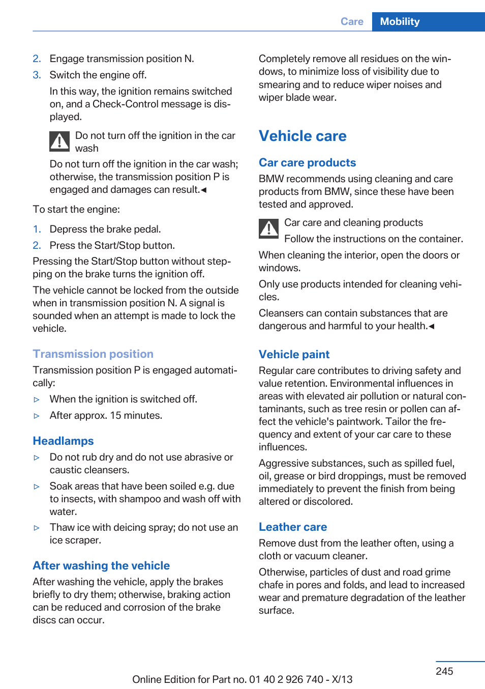 Vehicle care | BMW X5 User Manual | Page 245 / 265