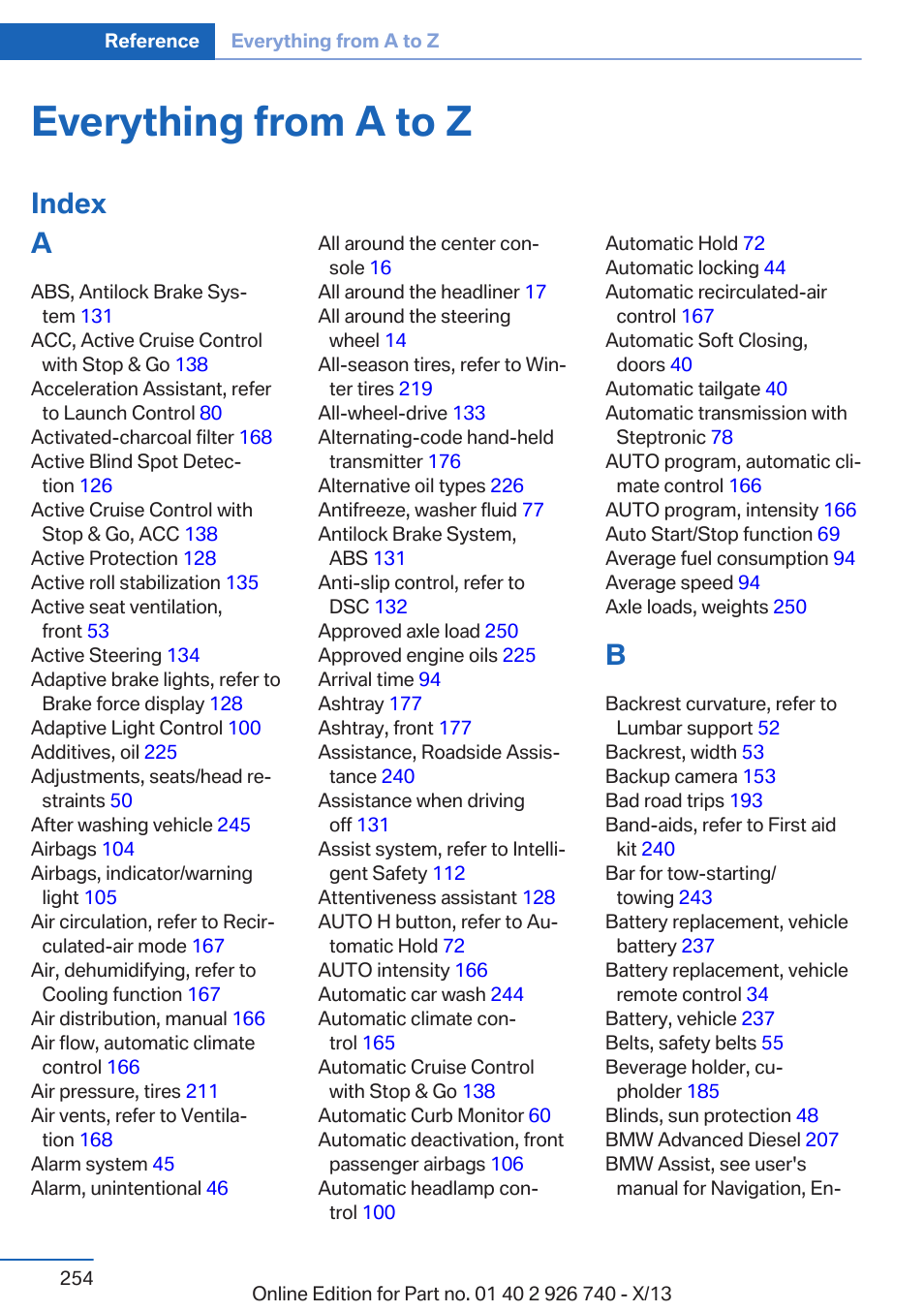 Everything from a to z, Index a | BMW X5 User Manual | Page 254 / 265