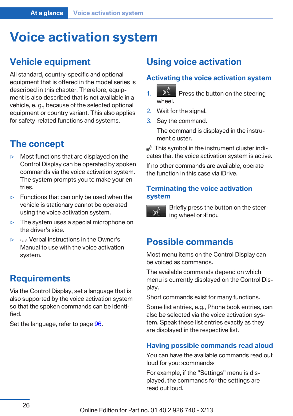 Voice activation system, Vehicle equipment, The concept | Requirements, Using voice activation, Possible commands | BMW X5 User Manual | Page 26 / 265