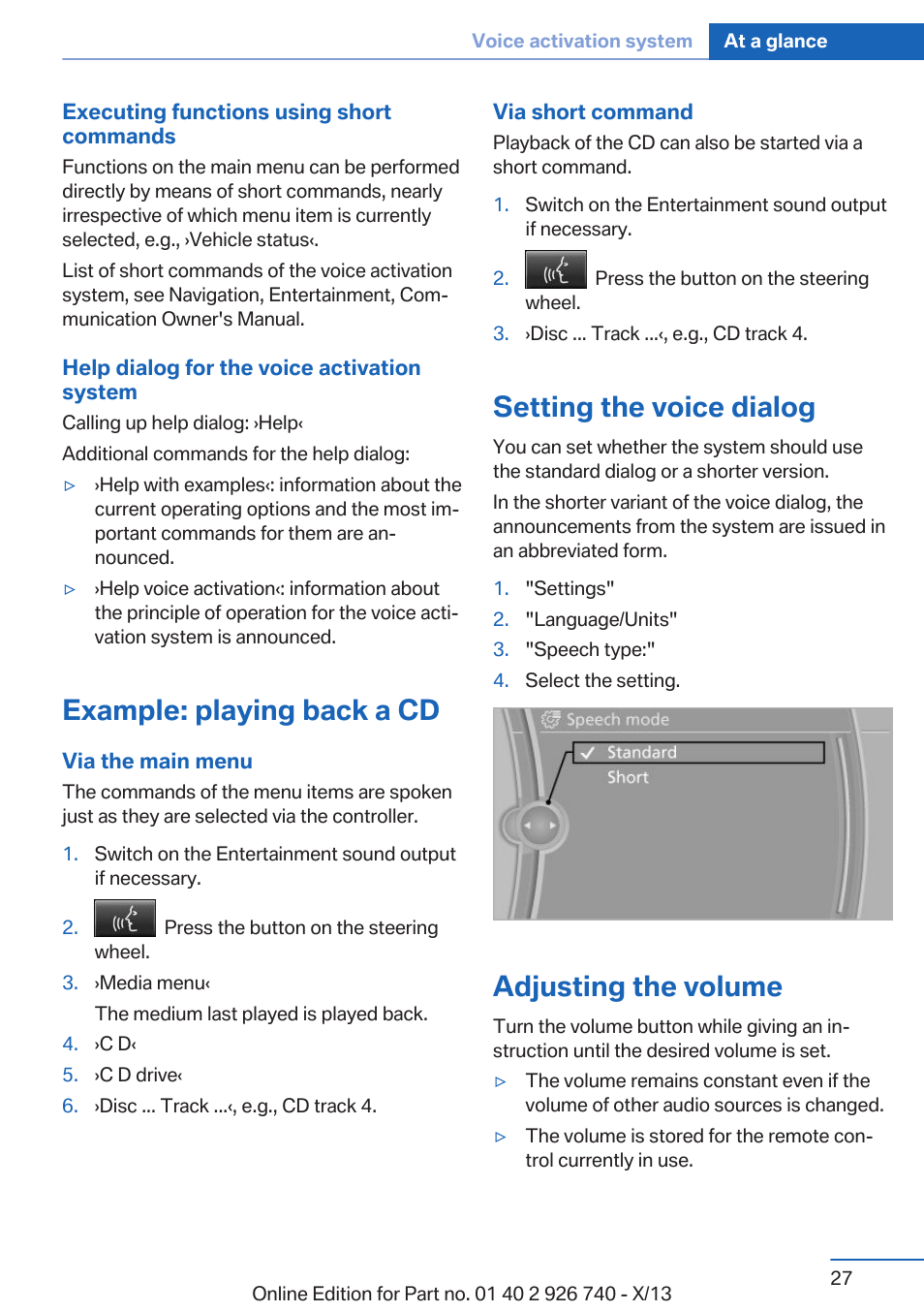 Example: playing back a cd, Setting the voice dialog, Adjusting the volume | BMW X5 User Manual | Page 27 / 265