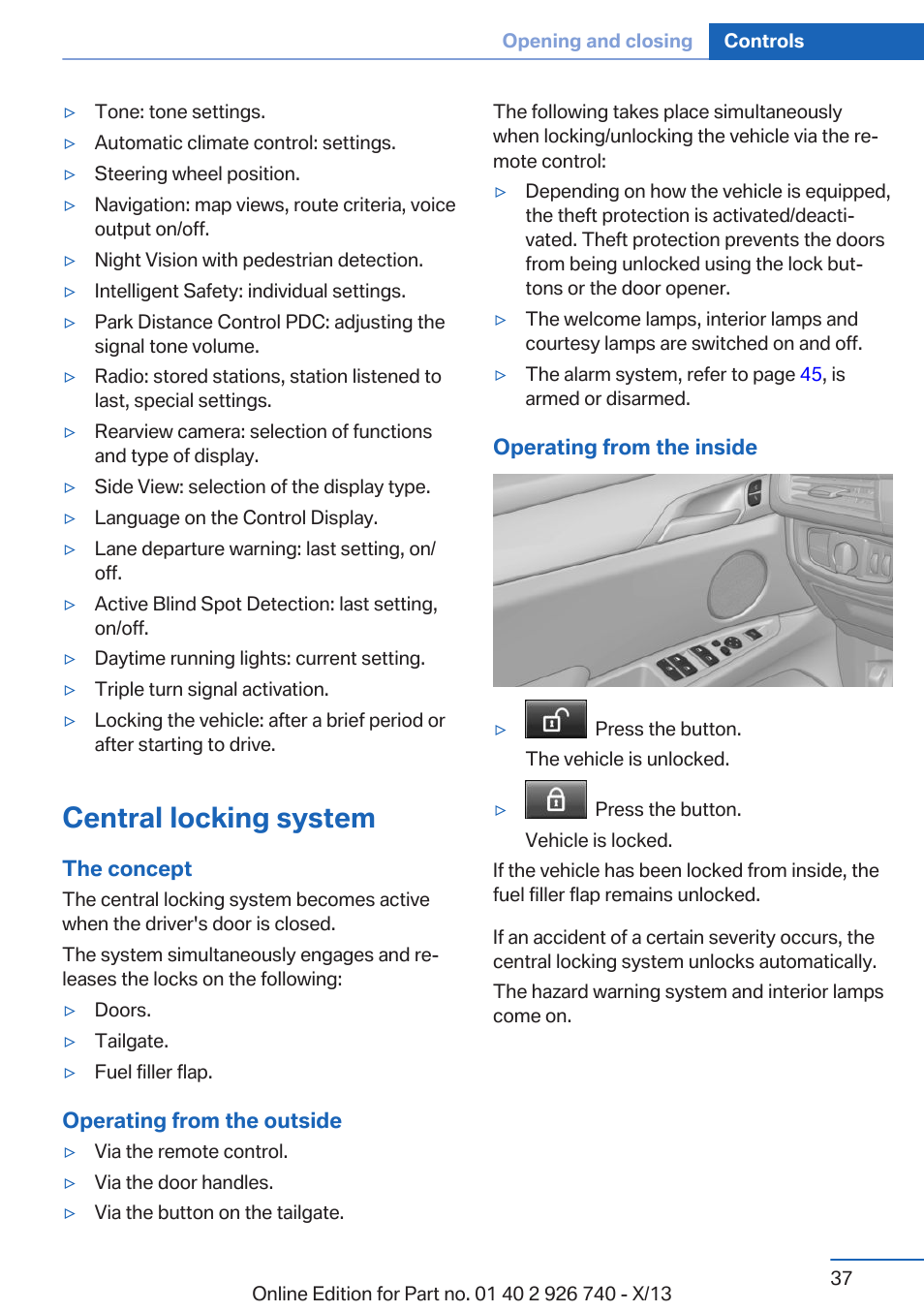 Central locking system | BMW X5 User Manual | Page 37 / 265