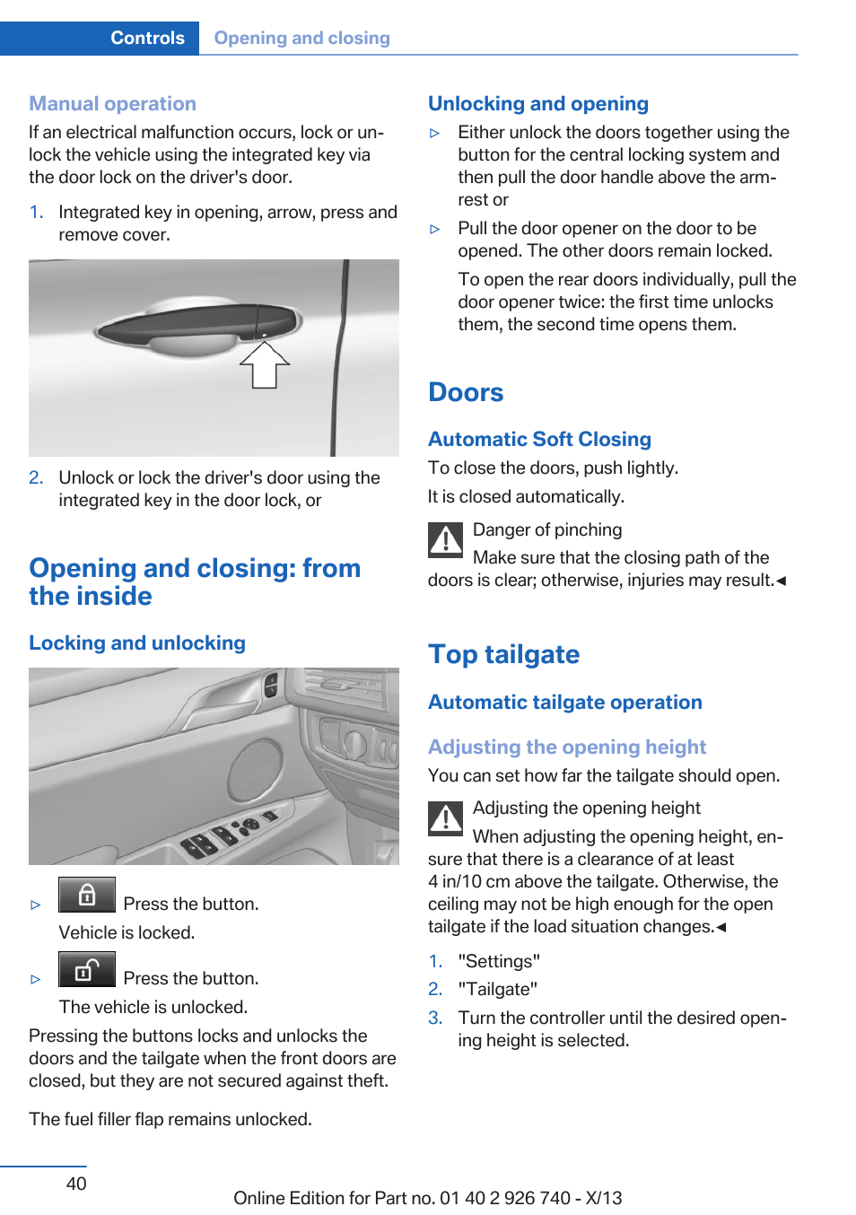 Opening and closing: from the inside, Doors, Top tailgate | BMW X5 User Manual | Page 40 / 265