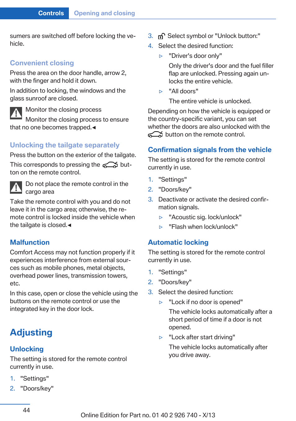 Adjusting | BMW X5 User Manual | Page 44 / 265