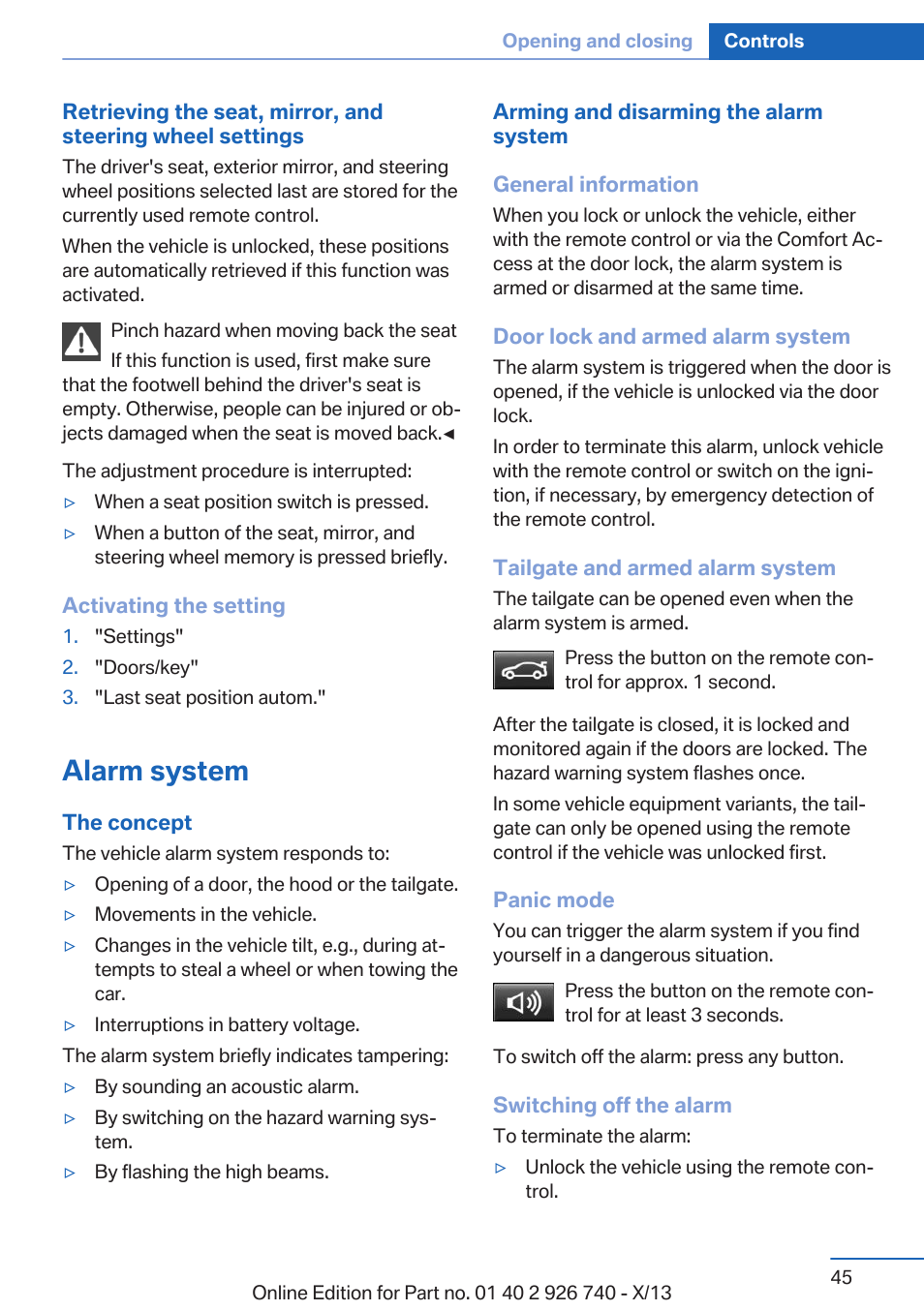 Alarm system | BMW X5 User Manual | Page 45 / 265