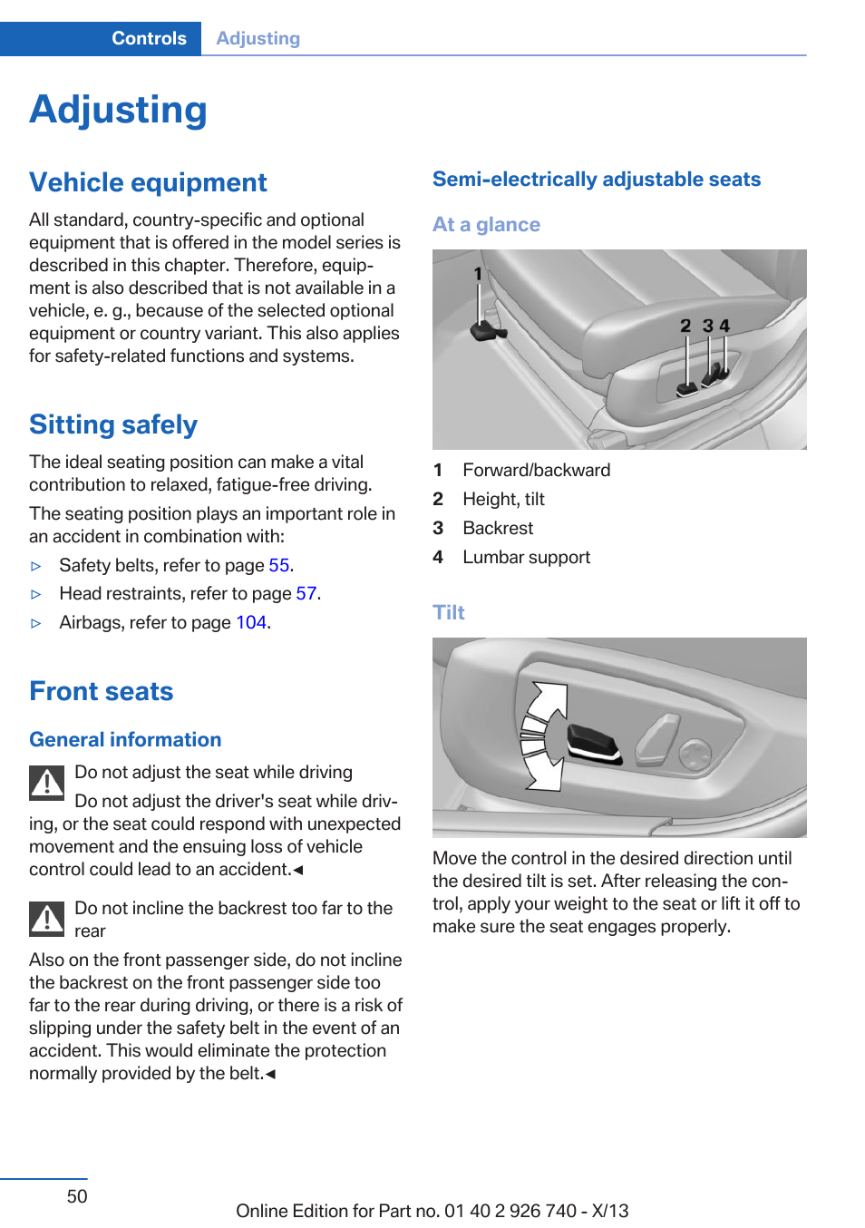 Adjusting, Vehicle equipment, Sitting safely | Front seats | BMW X5 User Manual | Page 50 / 265