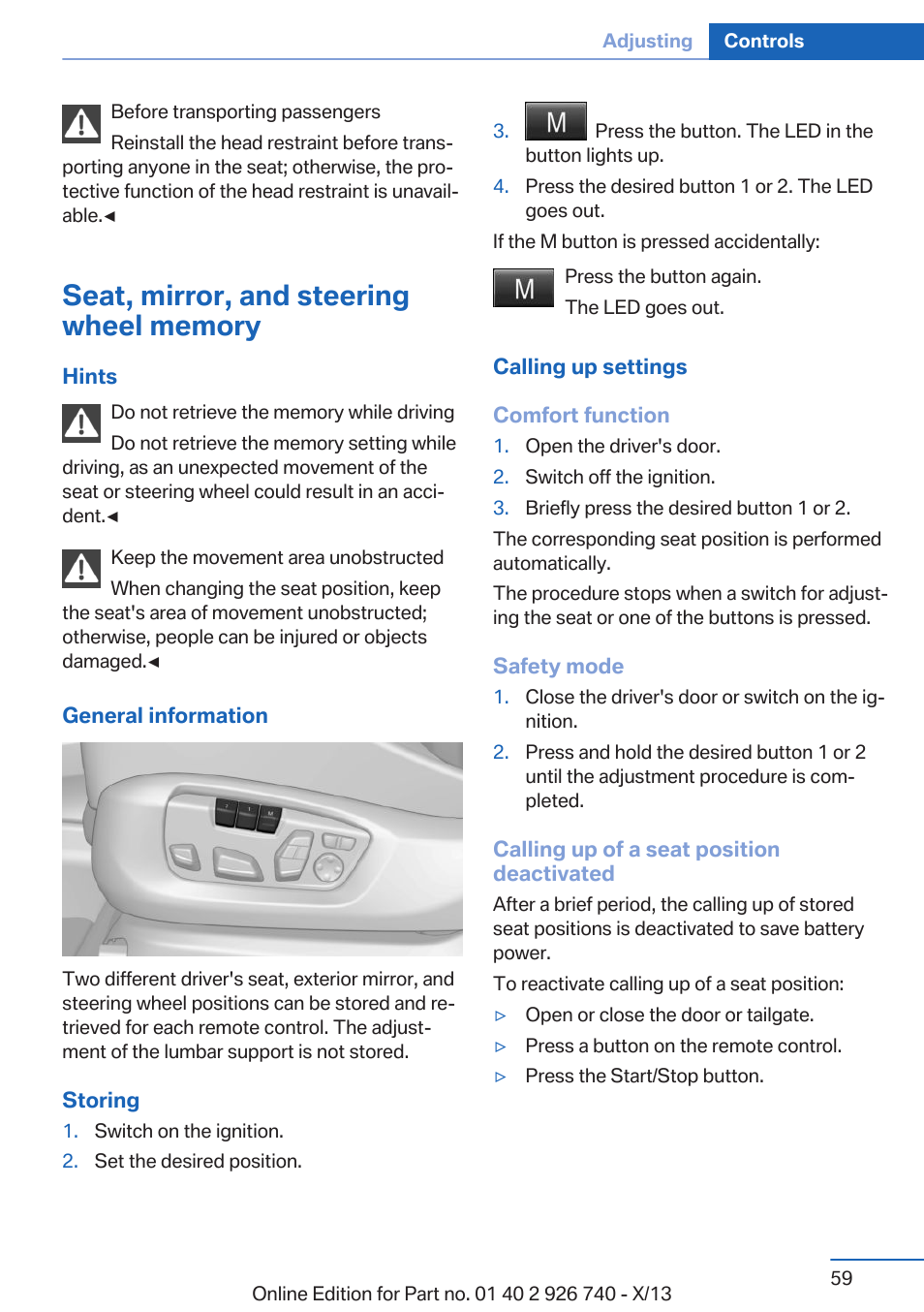 Seat, mirror, and steering wheel memory | BMW X5 User Manual | Page 59 / 265