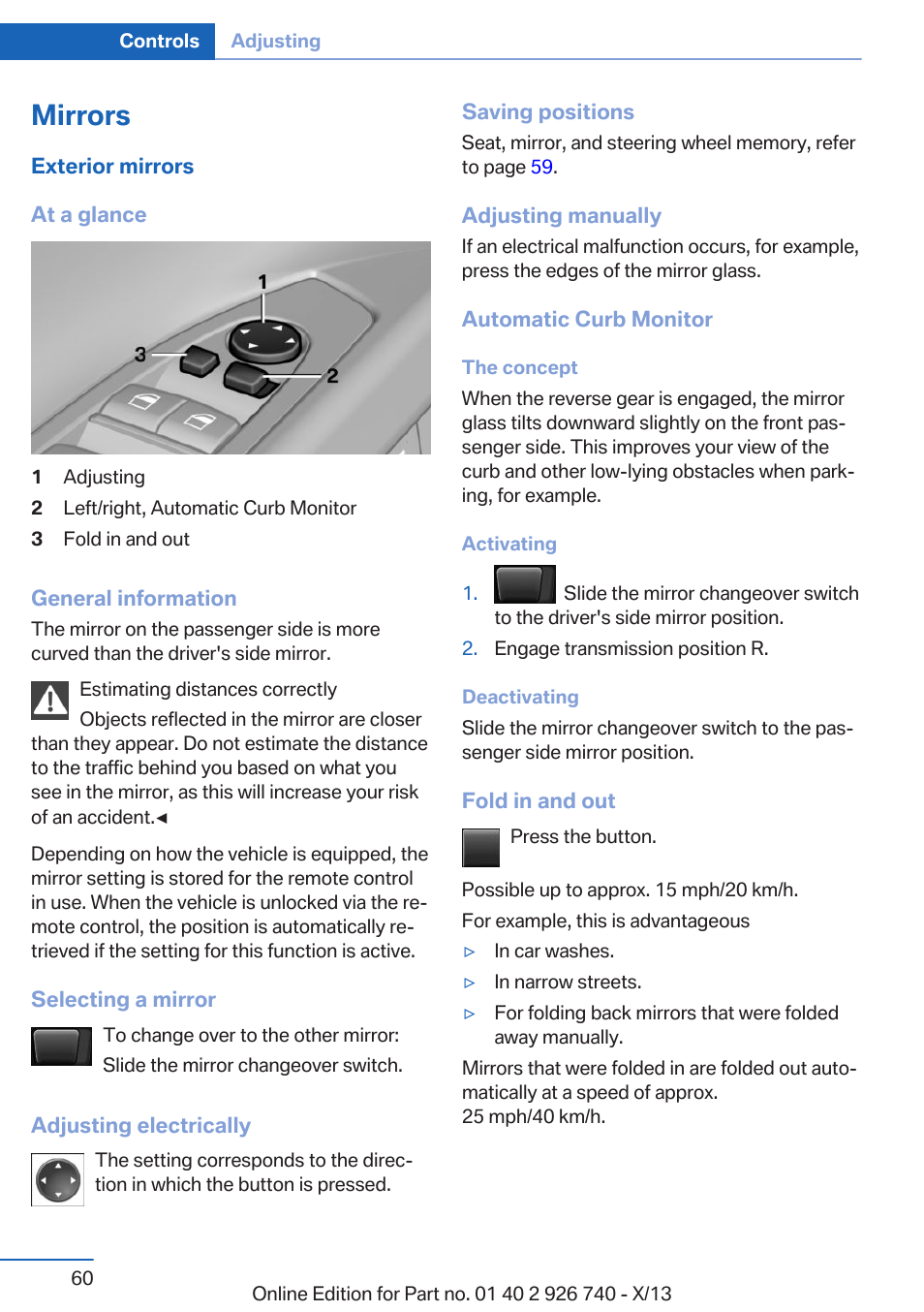 Mirrors, Exterior mirror operation | BMW X5 User Manual | Page 60 / 265