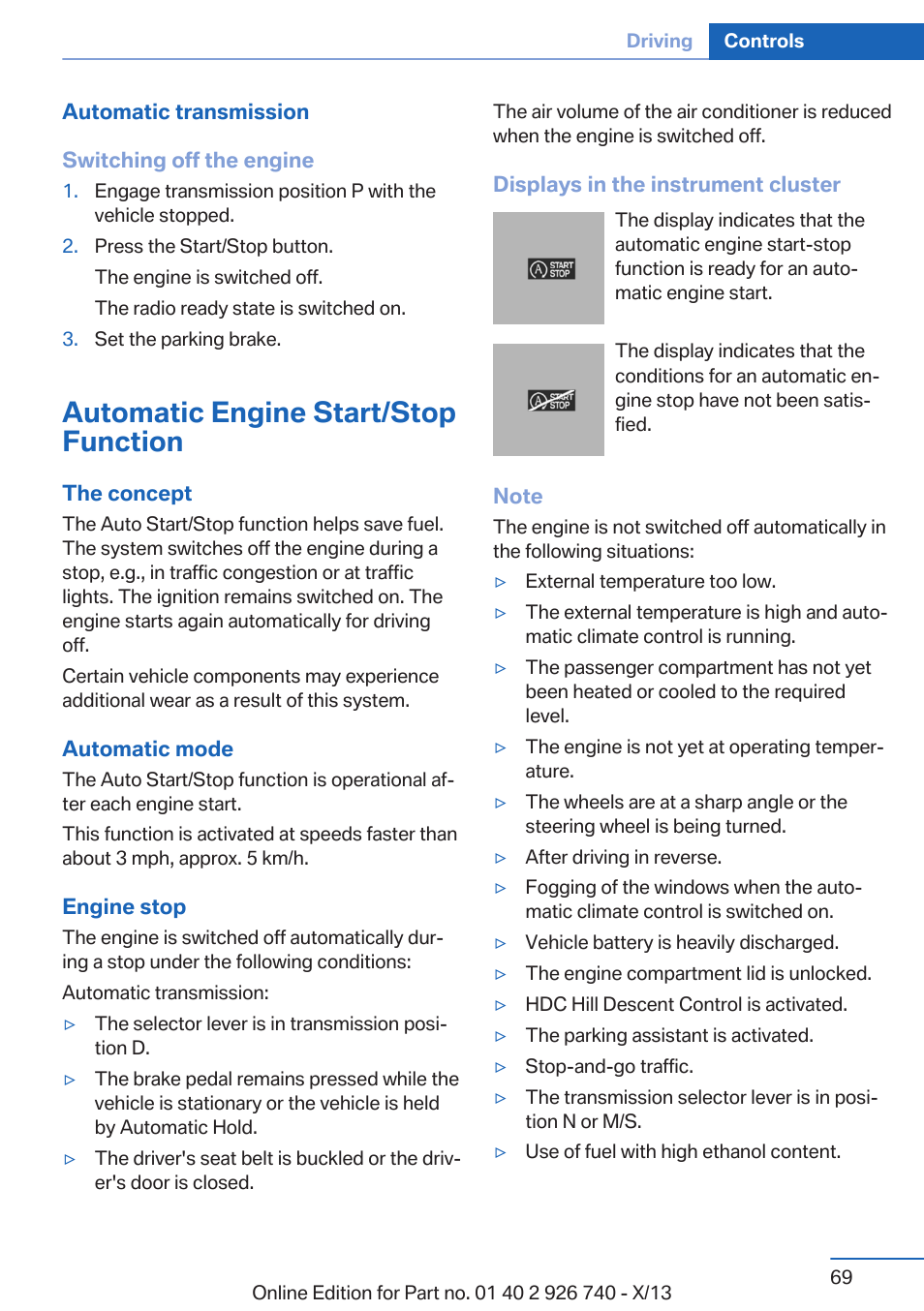Automatic engine start/stop function, Auto start/stop function | BMW X5 User Manual | Page 69 / 265